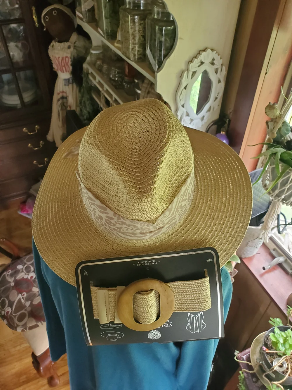 Vince Camuto Beige Straw Fedora with Leopard Print Band